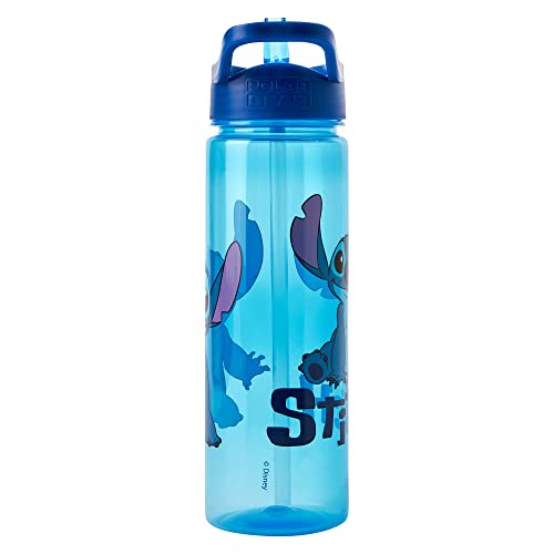 Disney Stitch Water Bottle Flip Up Straw 600ml – Official Merchandise by Polar Gear – Kids Reusable Non Spill - BPA Free - Recyclable Plastic - Ideal For School Nursery Sports Picnic , Blue