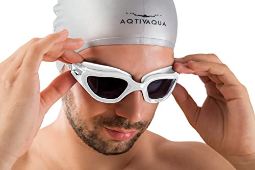 AqtivAqua Swimming Goggles Swimming Adult and Kids Swimming Goggles Kids 6-14 Men Women Swim Goggles Childrens Kids Boys Girls DX-S (All White frame, Silver case, Shade lens)