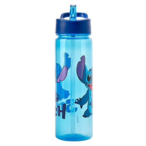 Disney Stitch Water Bottle Flip Up Straw 600ml – Official Merchandise by Polar Gear – Kids Reusable Non Spill - BPA Free - Recyclable Plastic - Ideal For School Nursery Sports Picnic , Blue