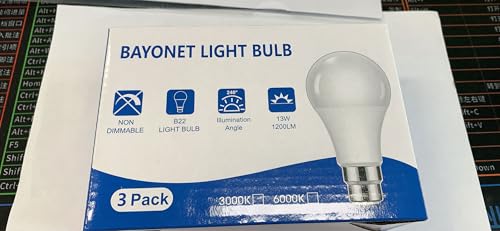 Bayonet Light Bulbs 100W Equivalent, 13W B22 LED Light Bulb Bayonet Cool White 6000K, 1200LM, BC GLS A60 Energy Saving Daylight B22 LED Bulb for Chandelier Living Room, Non-dimmable, Pack of 3