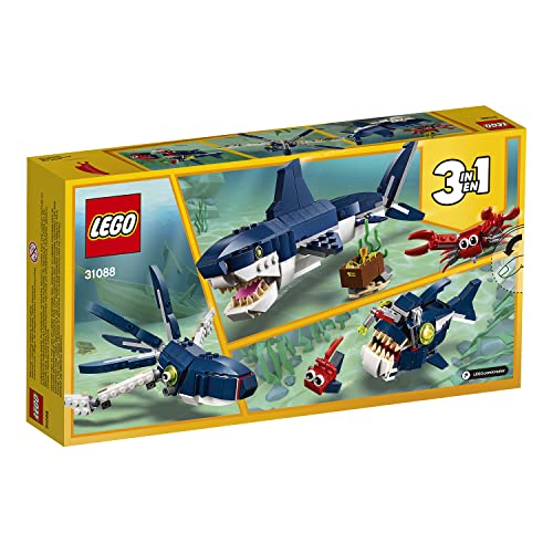 LEGO Creator 3in1 Deep Sea Creatures: Shark, Crab, Squid or Angler Fish Sea Animal Toys, Figures Set, Gifts for 7 Plus Year Old Girls and Boys 31088