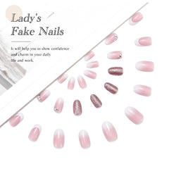 Vatocu Oval French False Nails Short Pink White Press on Nails Glitter Crystal Fake Nails Gradient Color Acrylic Stick on Nails for Women and Girls (24pcs）