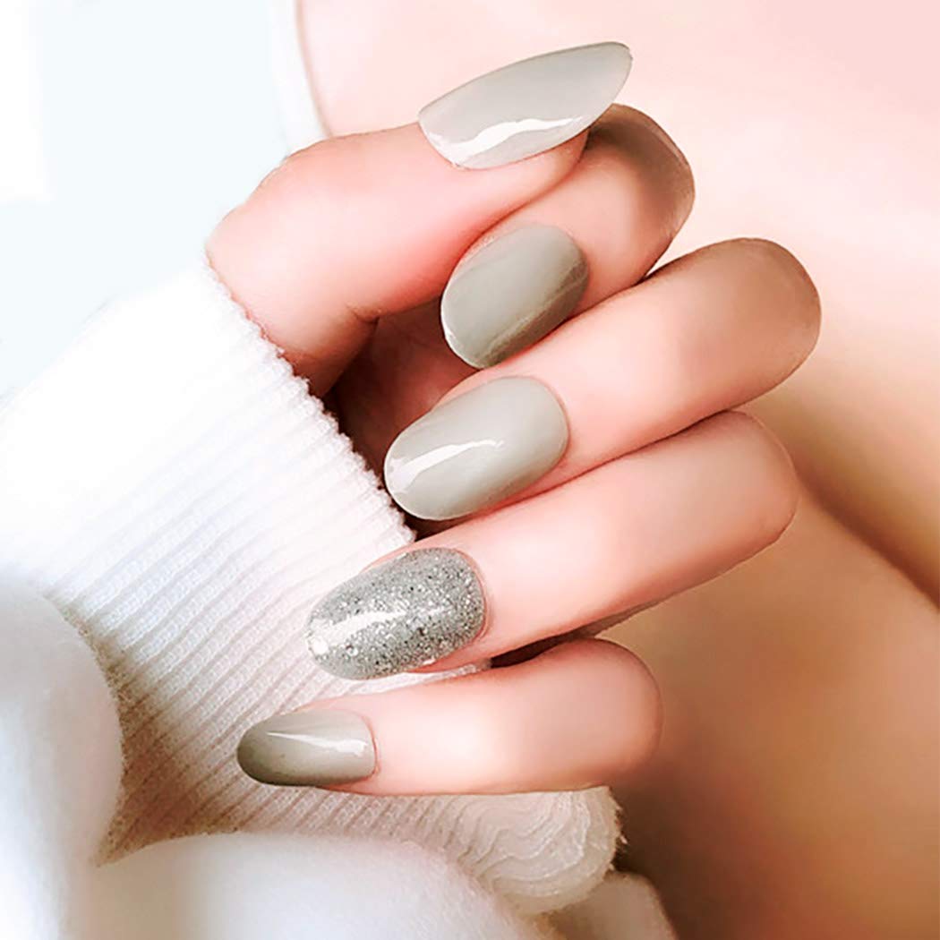 Fairvir False Nails Bling Sequins Grey Full Cover Acrylic Fake Nails Simple Elegant Birthday Party Clip on Nails for Women and Girls(24Pcs)