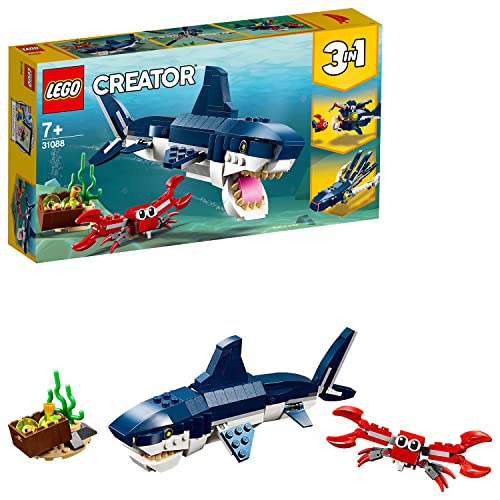 LEGO Creator 3in1 Deep Sea Creatures: Shark, Crab, Squid or Angler Fish Sea Animal Toys, Figures Set, Gifts for 7 Plus Year Old Girls and Boys 31088