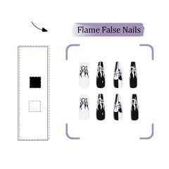 Glossy Ballerina Fake Nails 24 PCS Coffin Long Press on Nails Black and White False Nails with Heart Flame Design Full Cover Artificial Nails Tips for Women Girls Party Salon