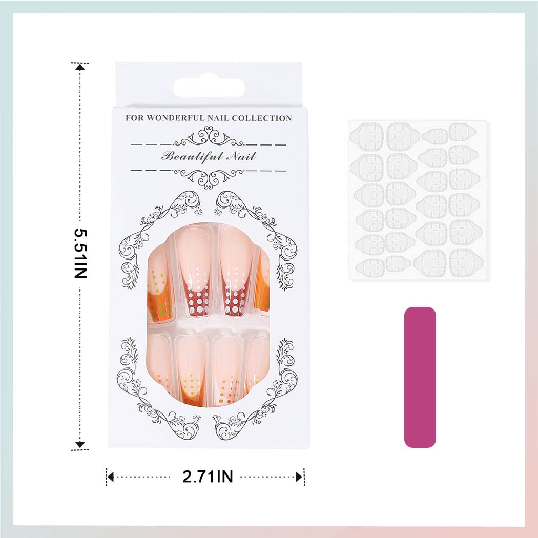Vatocu Coffin Glossy False Nails Long French Fake Nails Nude Wave Point Press on Nails Brown Acrylic Stick on Nails for Women and Girls (24pcs）