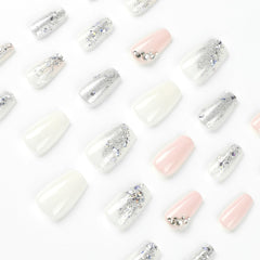 24pcs Short Coffin False Nails, Glitter Silver Pink Stick on Nails Rhinestone Ballerina Press on Nails Removable Glue-on Nails Full Cover Fake Nails Women Girls Nail Art Accessories