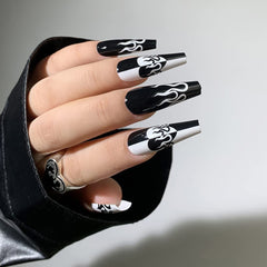 Glossy Ballerina Fake Nails 24 PCS Coffin Long Press on Nails Black and White False Nails with Heart Flame Design Full Cover Artificial Nails Tips for Women Girls Party Salon