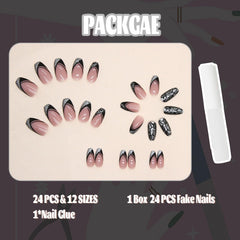 24pcs Short Square False French Tip False Nails Stick on Nails Glitter Press on Nails Removable Glue - on Fake Nails Acrylic Full Cover Nails Women Girls Nail Art Accessories (French Flash Black)