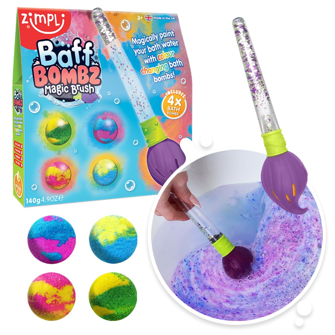 Baff Bombz Magic Brush from Zimpli Kids, 4 x Bath Bombs, Magically Paint your Bath Water, Pocket Money Creative Toy for Children, Birthday Gifts for Boys & Girls , Moisturising Fizzers