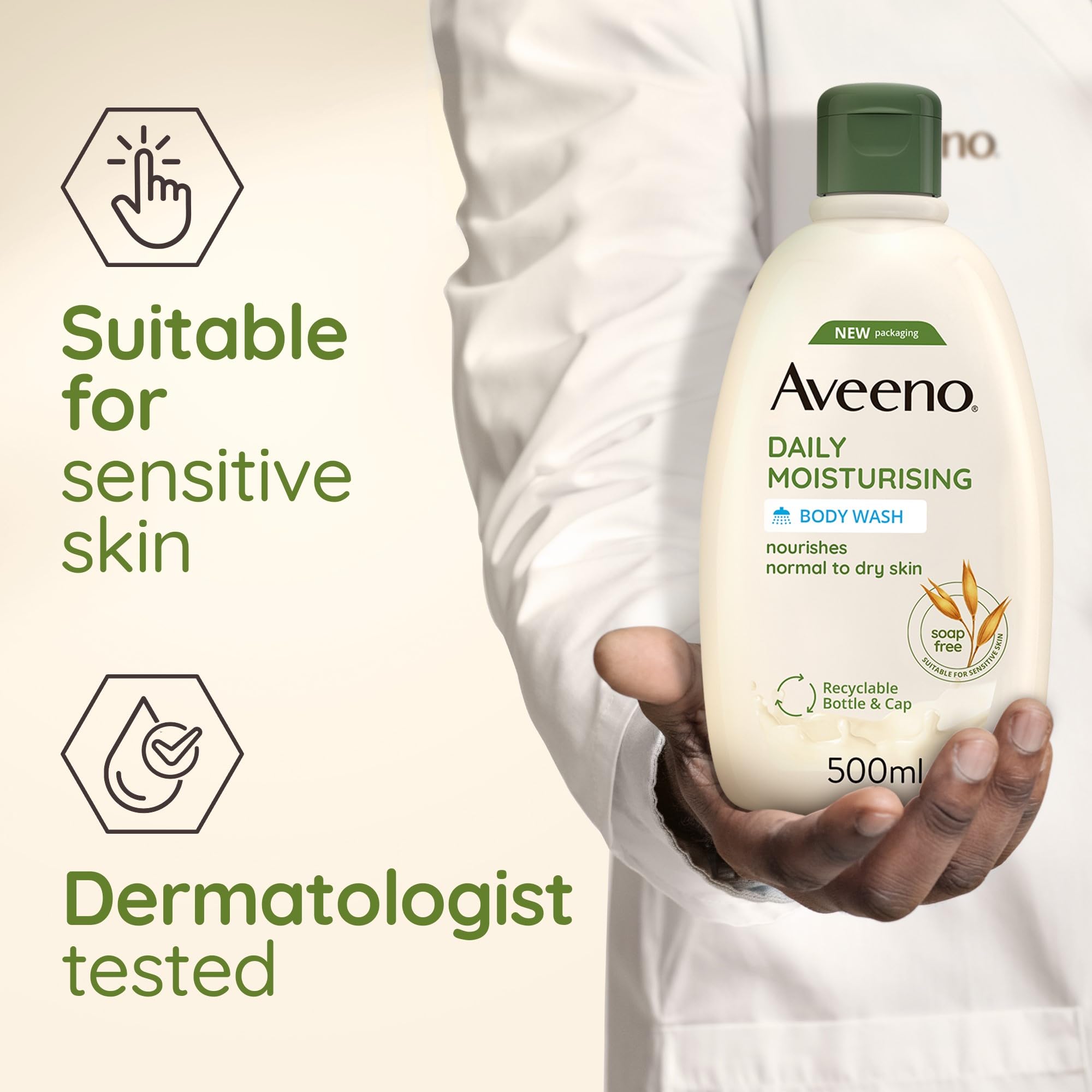 Aveeno Daily Moisturising Body Wash, With Soothing Oat, Suitable For Sensitive Skin, Gently Cleanses and Nourishes, Soap-Free, Lightly Scented, 500ml