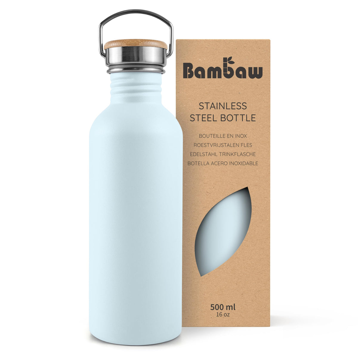 Bambaw Stainless Steel Water Bottle 500ml, Light Blue Water Bottle, Non-Insulated Water Bottle, Metal Flask, BPA Free Water Bottle, Leak Proof Water Bottles, Reusable Water Bottles – Ice Blue