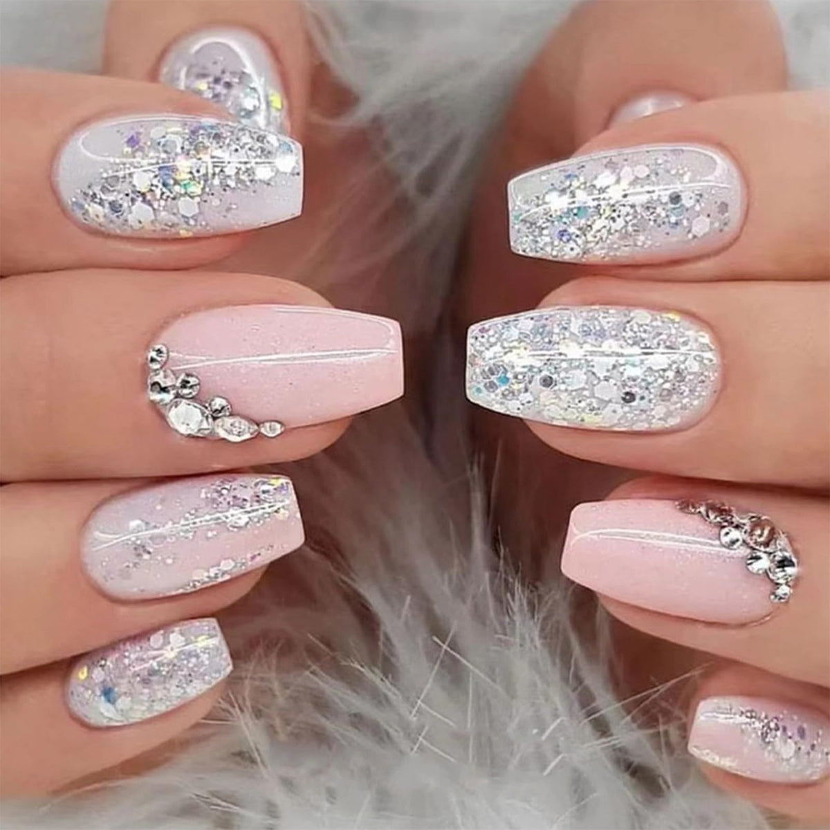 24pcs Short Coffin False Nails, Glitter Silver Pink Stick on Nails Rhinestone Ballerina Press on Nails Removable Glue-on Nails Full Cover Fake Nails Women Girls Nail Art Accessories