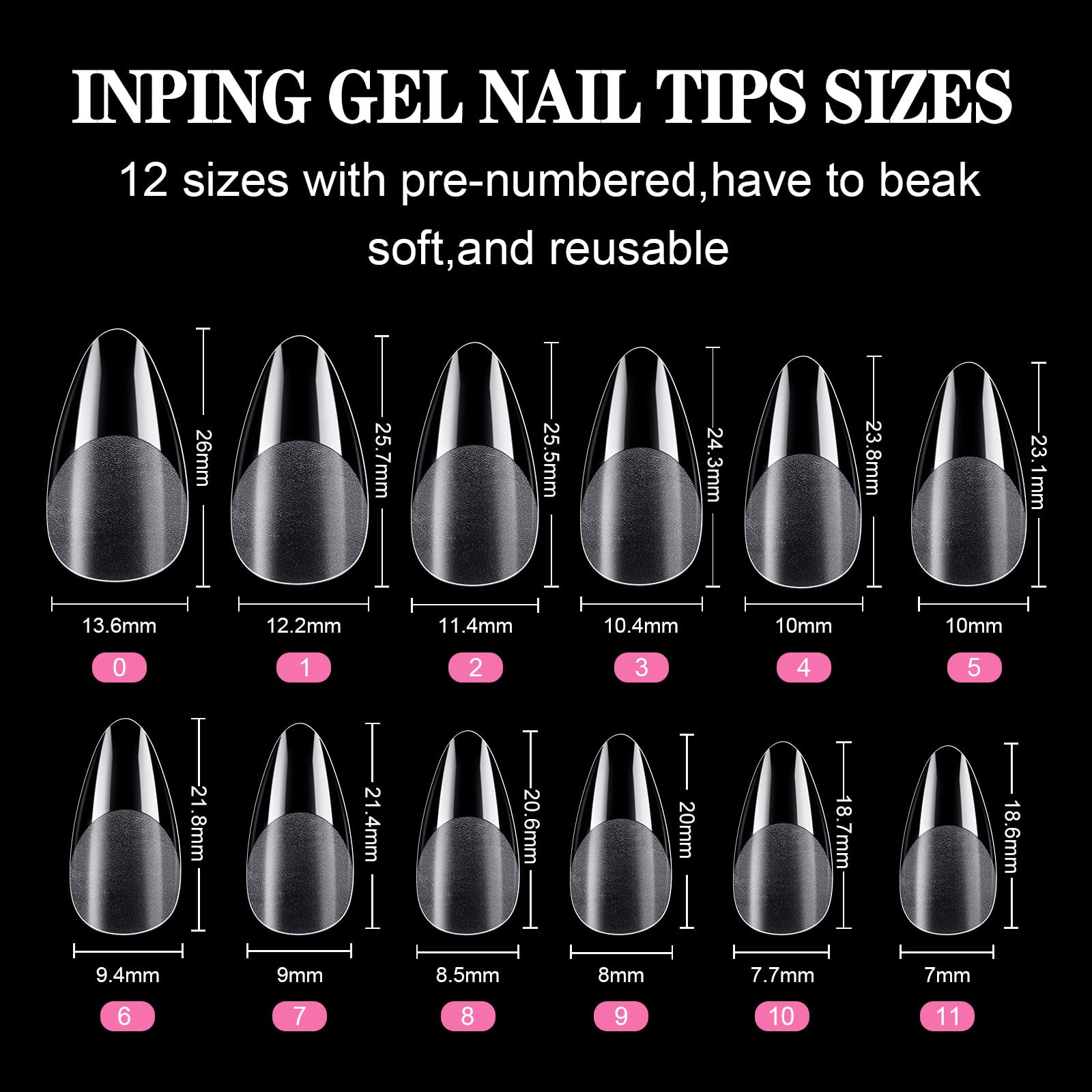 INPING Soft Gel Full Cover Nail Tips, 120PCS Medium Almond Nail Extensions Clear Pre-Shaped No Trace Acrylic Fase Artificial Nails Tips for Starter Home DIY Nail Art Nail Salons, 12 SIZES