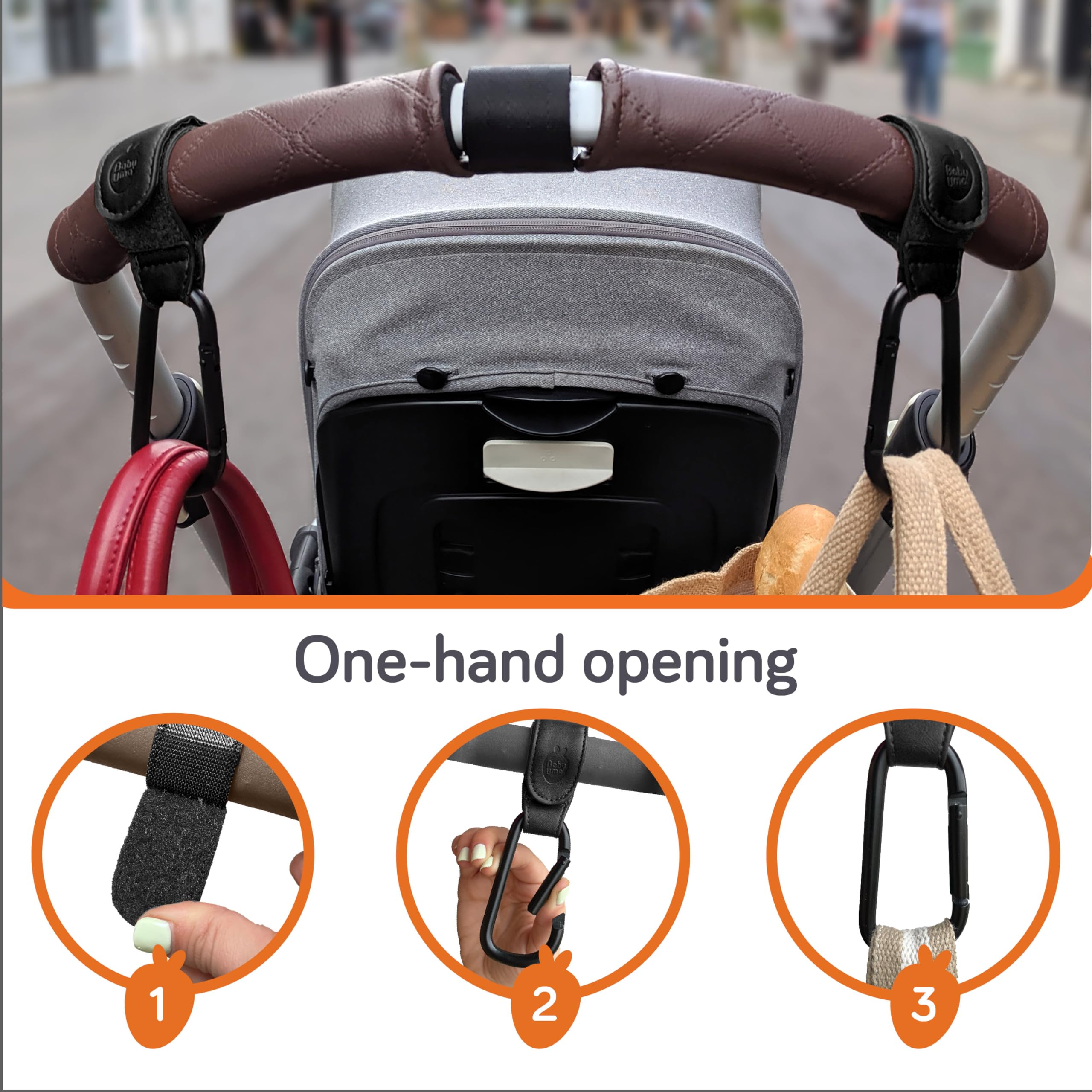 Baby Uma Leather-Style Buggy Clips - 2-Pack of Universal Pram Clips, Non-Slip Buggy Accessories, Carry up to 5 kg per Buggy Clip, Pram Hooks for Bags, Shopping & Baby Travel Essentials (Black)
