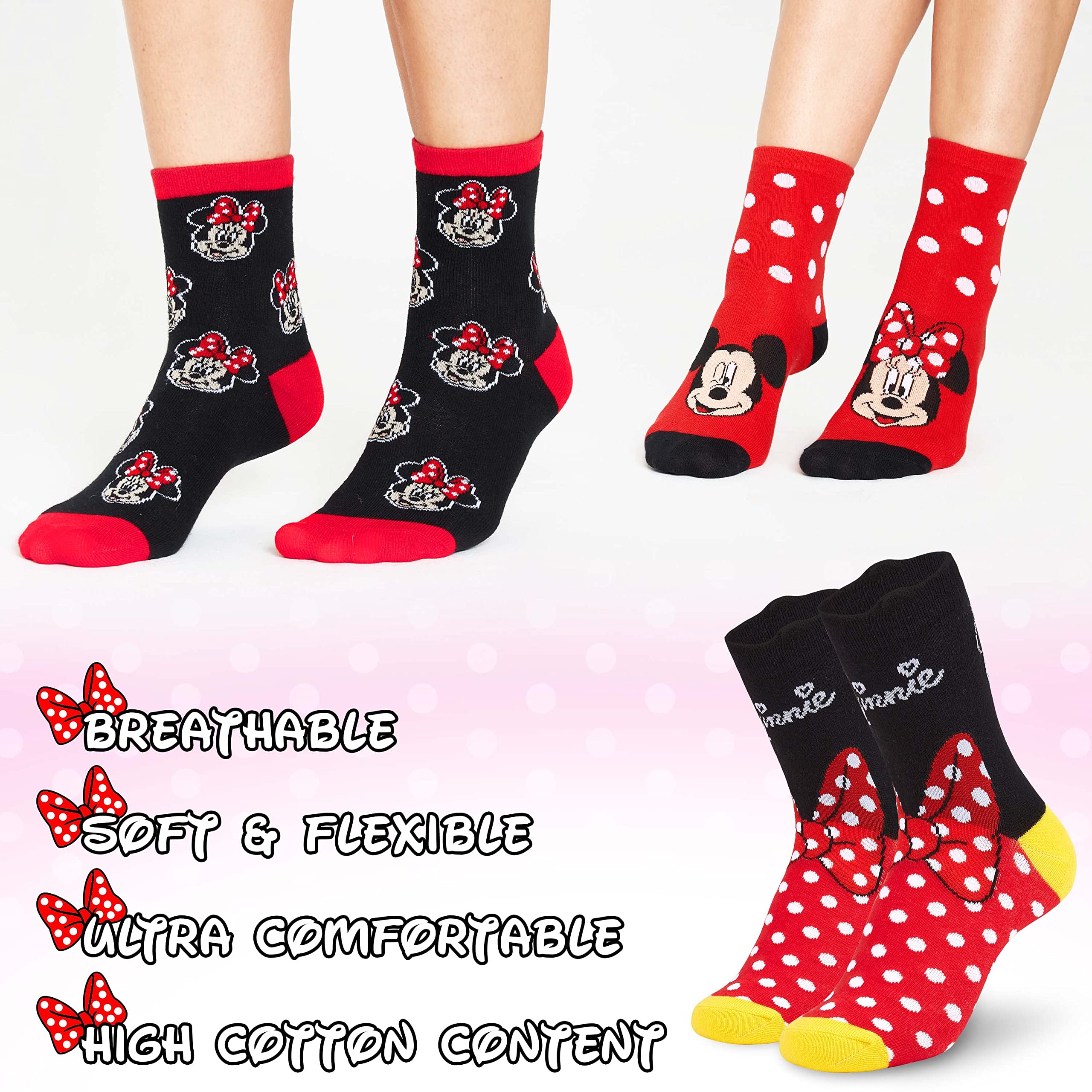 Disney Womens Calf Socks, Soft Stretchy Socks in Pack of 5 - Gifts for Women (Red/Black)