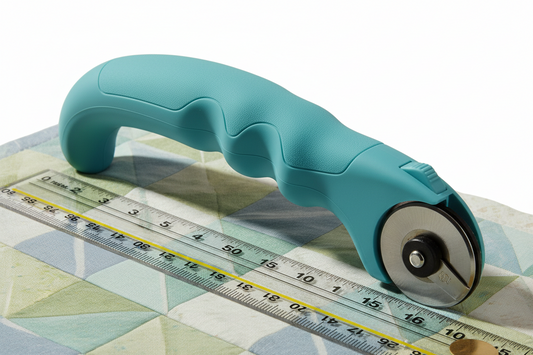 A teal rotary cutter with a large loop grip handle resting on a quilting ruler over pastel patchwork
