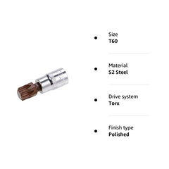 sourcing map 3/8 inches Drive x T60 Torx Bit Socket, S2 Steel Bits CR-V Sockets 38mm Length Use with Ratchet Wrench, Slide Bar, Extension Rod