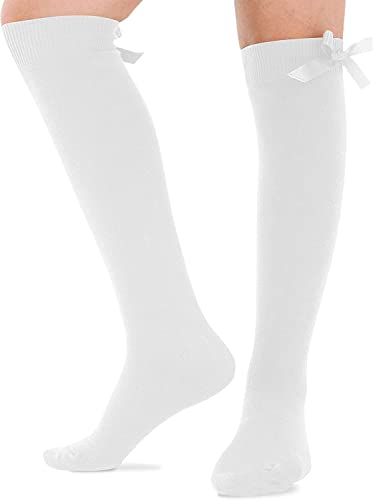 reshmena® 1 Pair Girls Knee High School Cotton Socks with Fluffy Ribbons Bow, Back to School Socks Uniform Party Comfort Fit Long Socks Stocking Girls Knee High Kids School Socks WHITE, Size 6-8