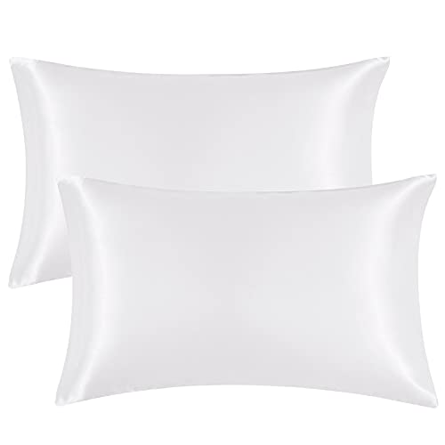 EHEYCIGA Satin Pillow Cases 2 Pack White, Silky Pillowcases for hair and skin with Envelope Closure, Standard Size, 50x75 cm