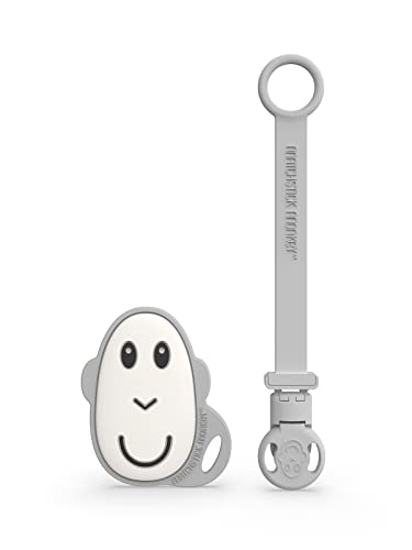 Matchstick Monkey, Antimicrobial Silicone Flat Face Teether (8 cm) and Soother Clip (19 cm), Easy To Grip, BPA Free, 3 Months Oldand, Grey Monkey Set