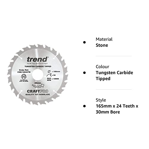 Trend CraftPro TCT Cordless Thin Kerf Sawblade for Wood, 165mm Diameter, 30mm Bore, 24 Teeth, 1.5mm Kerf, and15° Hook, CSB/16524TB