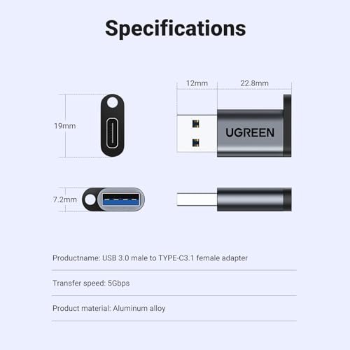 UGREEN USB to USB C Adapter, USB 3.0 Male to Type C Female Adaptor Support PD Fast Charger, 5Gbps Data Transfer, Compatible with iPhone 15 Pro Max, iPad Air 5/Mini 6, Galaxy S22/S21, Pixel 6 (Black)