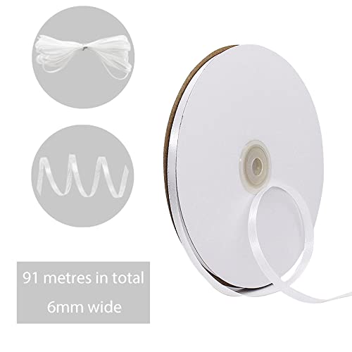 91m Thin White Ribbon Satin Ribbon 6mm Solid Color Fabric Ribbon Silk Satin Roll,White Wrapping Ribbon and Bows for 2023 King Charles III Coronation Decorations Birthday Gift Wrapping DIY Crafts