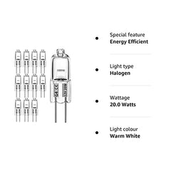 KAKALUOTE G4 Halogen Bulbs, 12 Pcs 20W 12V Halogen Light Bulbs 2 Pin Clear Capsule Lamp Bulb, Halogen-Pin-Base-Lamp Warm White Light Clear Capsule for Cooker Lighting, Signal Lights, Track Lighting