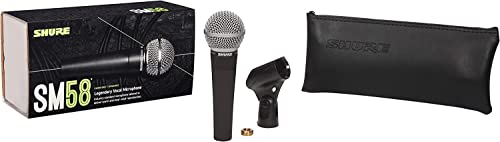 Shure SM58-LC Cardioid Dynamic Vocal Microphone with Pneumatic Shock Mount, Spherical Mesh Grille with Built-in Pop Filter, A25D Mic Clip, Storage Bag, 3-pin XLR Connector