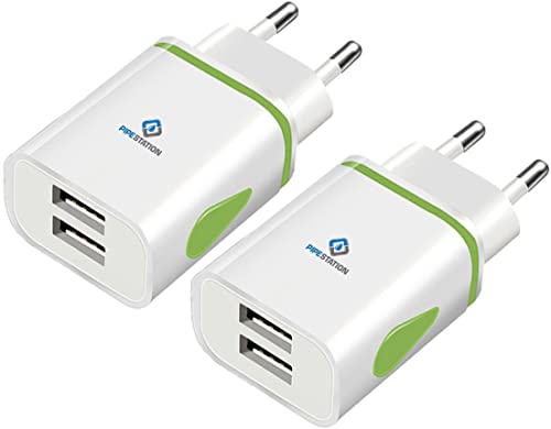 Pipestation® Holiday Charger EU 2 Pin to USB Plug Adapter   Euro Adaptor - 2 USB Ports   European Universal Travel Adapter Plug Uk To Europe Travel Plug Charging For Phones Shaver Toothbrush (2 Pack)