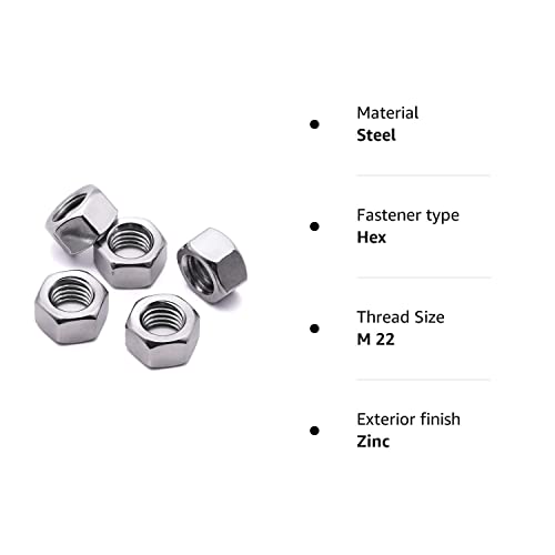 TERF M22 Hex Hexagon Nut (22mm) Steel Full Nuts - Pack of 8, Silver