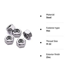 TERF M22 Hex Hexagon Nut (22mm) Steel Full Nuts - Pack of 8, Silver