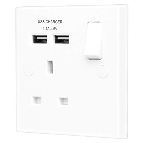 BG Electrical Single Switched 13 A Fast Charging Power Socket with Two USB Charging Ports, 2.1 A, 5 V, 10.5 W, Square Edge, White