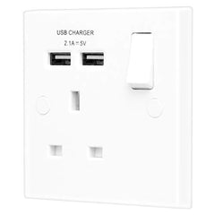 BG Electrical Single Switched 13 A Fast Charging Power Socket with Two USB Charging Ports, 2.1 A, 5 V, 10.5 W, Square Edge, White