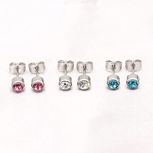 Artskin 3 Pairs/Set Women's Stud Earrings Titanium Girls' Earrings Hypoallergenic Crystal Men's Earrings 5mm Nickel Free Silver Plated Earrings Studs Valentine's Day Birthday Mothers' Day Gift