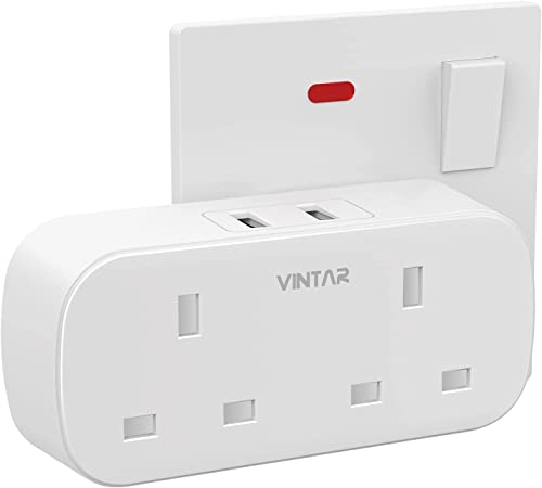 [1-pack] VINTAR Double Plug Adaptor with 2 USB, 2 Way Plugs Extension Multi Sockets Wall Charger Adapter, 13A UK 3 Pin Power Socket for Bedroom, Office, Kitchen, White