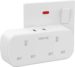 [1-pack] VINTAR Double Plug Adaptor with 2 USB, 2 Way Plugs Extension Multi Sockets Wall Charger Adapter, 13A UK 3 Pin Power Socket for Bedroom, Office, Kitchen, White