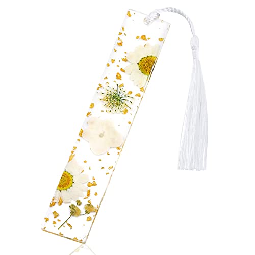 PROUSKY Pressed Flower Bookmark, Dried Flower Resin Bookmarks, Pressed Floral Reading Page Markers with Tassel Daisy Book Markers for Readers Teachers Students Birthday Gift, White, (A3Y381A)