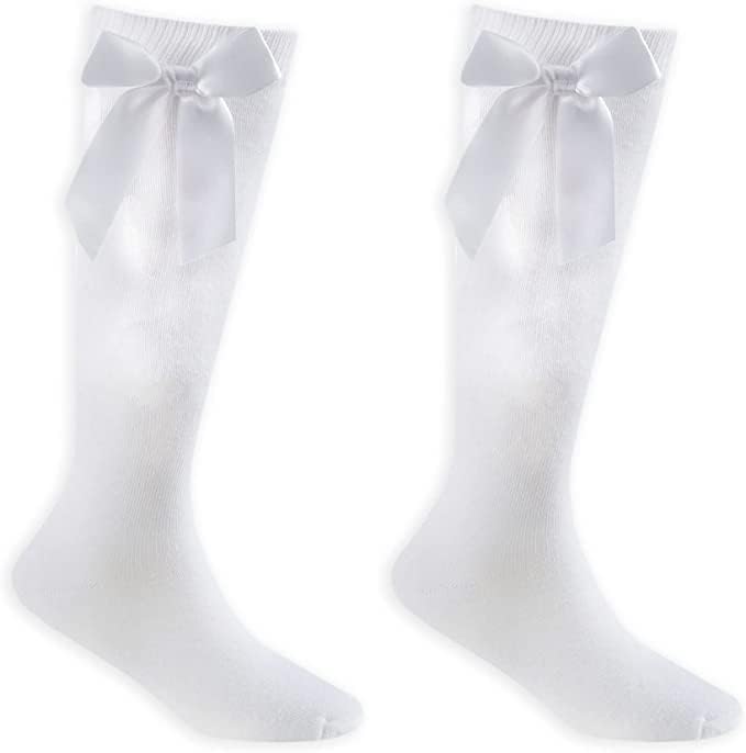 reshmena® 1 Pair Girls Knee High School Cotton Socks with Fluffy Ribbons Bow, Back to School Socks Uniform Party Comfort Fit Long Socks Stocking Girls Knee High Kids School Socks WHITE, Size 6-8