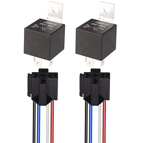 Gebildet JD2912 Car Relay with Harness 24V 40A 4 Pin SPST 12AWG Harness Sockets with Color-labeled Wires for Automotive Truck Van Motorcycle Boat (Pack of 2)