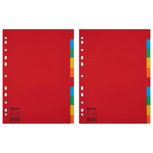 Esselte A4 1-10 Dividers, Heavy Duty Recycled Cardboard, Red/Multicolour (Pack of 2)