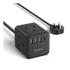 Cube Extension Lead with 4 USB Slots, Kemelo 4 Way (13A/3250W) Multi Plug Extension Cable with Child Safety UK Desktop Power Extension Socket,1.5M Extension Cords for Home Dorm Office Travel, Black