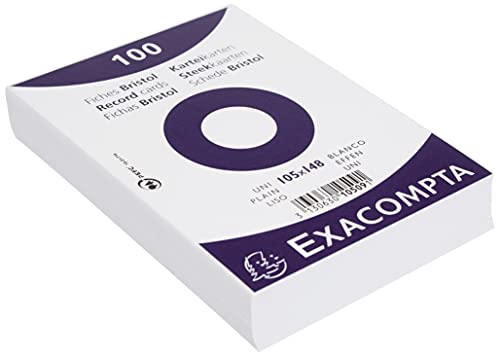 Exacompta - Ref 10509E - Bristol Plain Record Cards (Pack of 100) - A6 in Size, 205gsm Card, Compatible with Printers - Suitable for Exam Revision & Notes - White