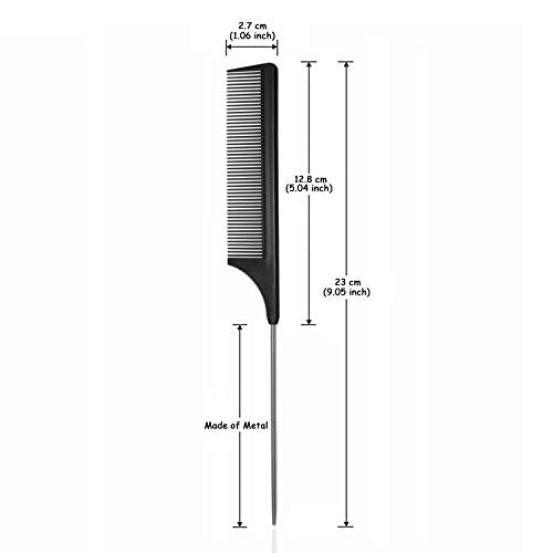 Hair Comb - a Professional Anti-static Carbon Fibre Metal-Pin Tail Comb,Heat Resistant Barber and Salon Rattail Comb with Non-skid Paddle Parting Comb,Fine Tooth in Black