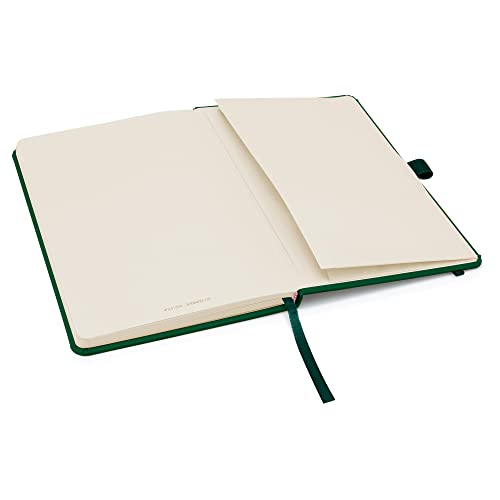 Notes London Eco A5 Notebook with Lined Pages, Pen Loop, Ribbon, Date Marks and Paper Pocket, Medium Hardback Journal, Note, sustainably sourced paper (Green)