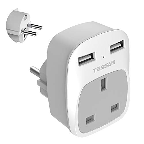 TESSAN UK to EU Euro Europe Travel Adapter with 2 USB Ports - Grounded European Power Plug Adapter for Germany France Iceland Poland Spain Russia and More (Type E/F) Not Include Italy