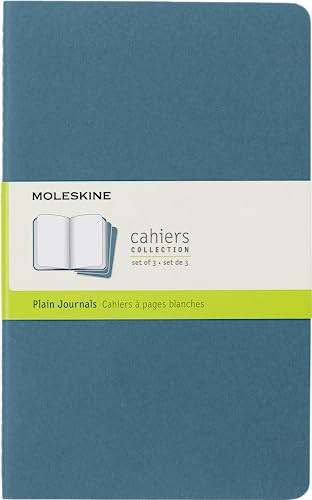 Moleskine Cahier Journal, Set 3 Notebooks with Plain Pages, Cardboard Cover with Visible Cotton Stiching, Colour Brisk Blue, Large 13 x 21 cm, 80 Pages