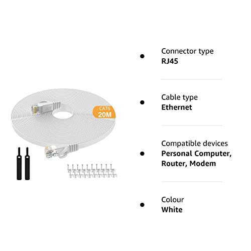 Cat6 Ethernet Cable 20m,High-Speed Patch Cable RJ45 Connector,Flat CAT 6 Lan Network Cords 250Mhz/s for Console PS3 PS4 PS5 Switch Router Modem Patch Panel PC TV Home Office-White-with Cable Clips