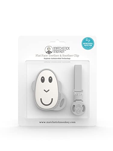 Matchstick Monkey, Antimicrobial Silicone Flat Face Teether (8 cm) and Soother Clip (19 cm), Easy To Grip, BPA Free, 3 Months Oldand, Grey Monkey Set